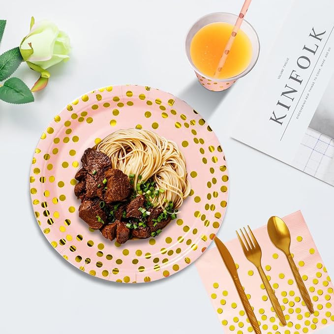 Nkaiso Paper Plates and Napkins Set, 193 Pieces Pink Gold Party Supplies Includes Paper Plates Cups Napkins Straws and Cutlery for Birthday Wedding Holidays Parties Decorations-24 Guests