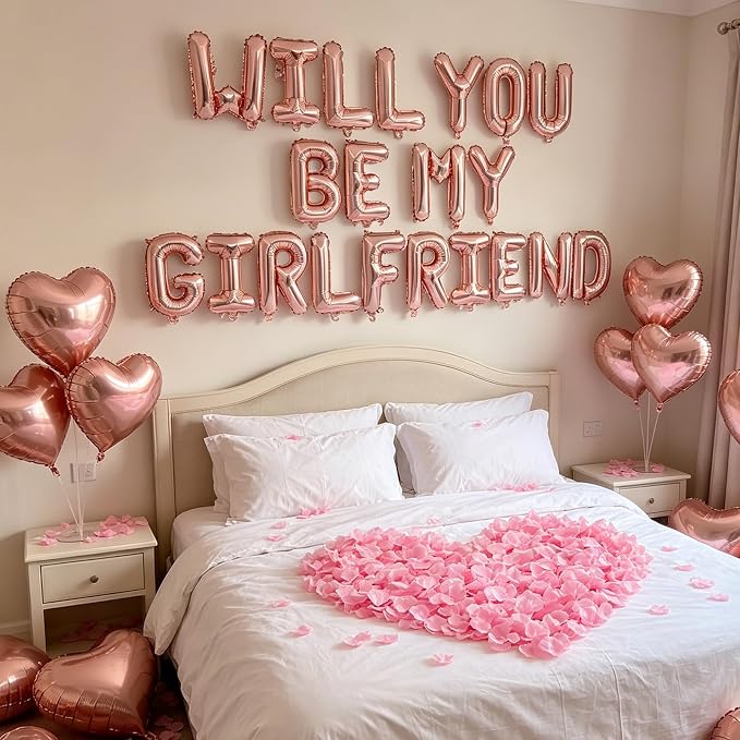 2 Set Rose Gold Will You Be My Girlfriend Balloons - 42pcs 16" Letter Balloons 1200pcs Pink Artificial Rose Petals 10pcs 18" Heart Balloon Alphabet Foil Mylar Balloon for Valentines Day Decorations