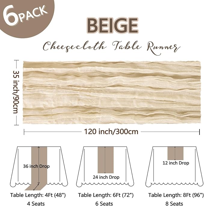 6 Pack Beige Cheesecloth Table Runner 10Ft Spring Gauze Cheese Cloth Table Runner 35x120 Inch Boho Sheer Rustic Fabric for Party Decor Baby Shower Wedding Holiday Decorations