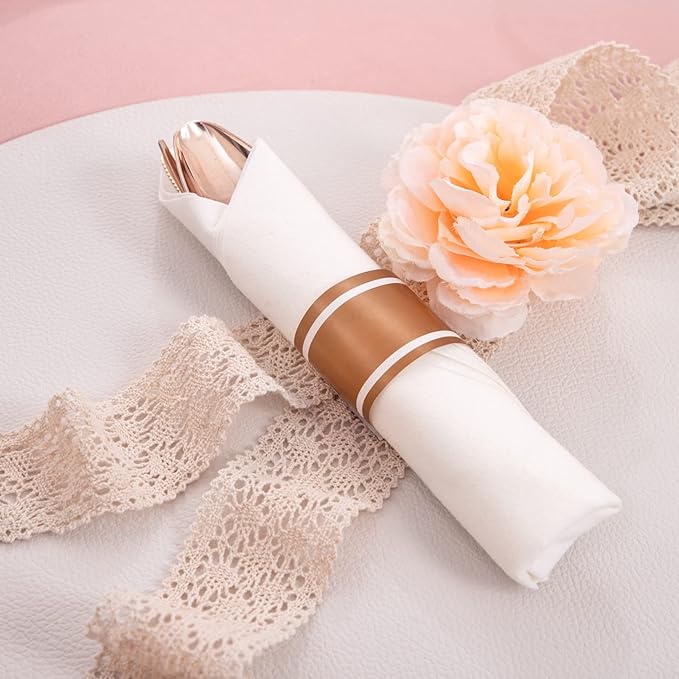 NOCCUR 350PCS Rose Gold Plastic Plates - Clear Rose Gold Disposable Dinnerware Set - Include 100 Dinner/Dessert Plates,50 Cups,50 Pre Rolled Napkins with Cutlery Set - Ideal for Party/Mother's Day