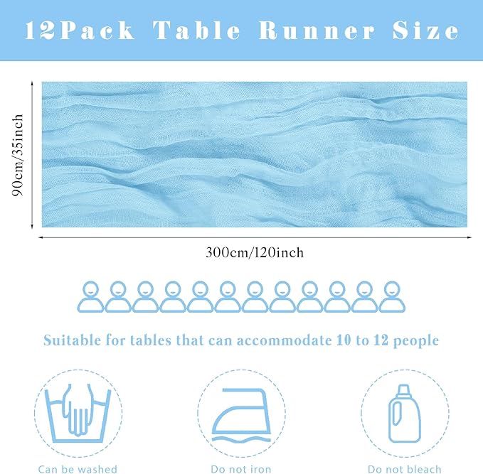 12 Pcs Baby Blue Cheesecloth Table Runner 10FT Runner for Tables 35 x 120 Inches Long Gauze Boho Fabric Table Runner Decoration Rustic Sheer Runner for Wedding Birthday Baby Shower Party (Baby Blue)