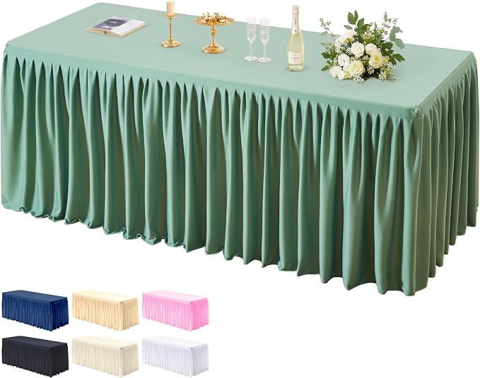 PARTISKY 1 Pack Sage Green Tablecloths for Rectangle Tables 4ft, Wrinkle Resistant Spandex Table Cover Fitted Stretch Table Cloth with Pleated Ruffle Skirts for Party Banquet Dining Birthday Wedding
