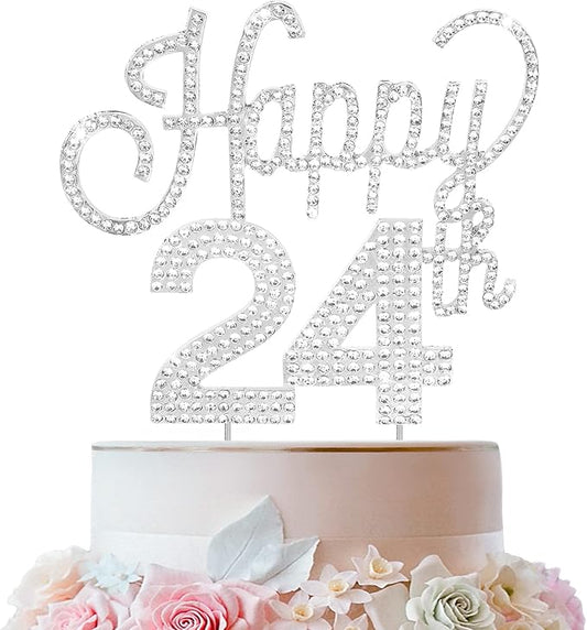 LINGTEER Happy 24th Birthday Silver Rhinestone Cake Topper - Cheers to 24th Birthday 24 Years Old Party Cake Centerpieces Topper Decorations Gift Sign.