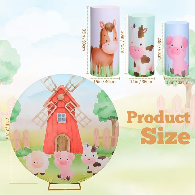 146 Pcs Farm Animals Arch Backdrop Cover Cylinder Stand Covers balloons set for party Photo Props 7.2 feet Animal Round Backdrop Covers for Farmhouse Country Birthday Baby Shower Ceremony Party Decor