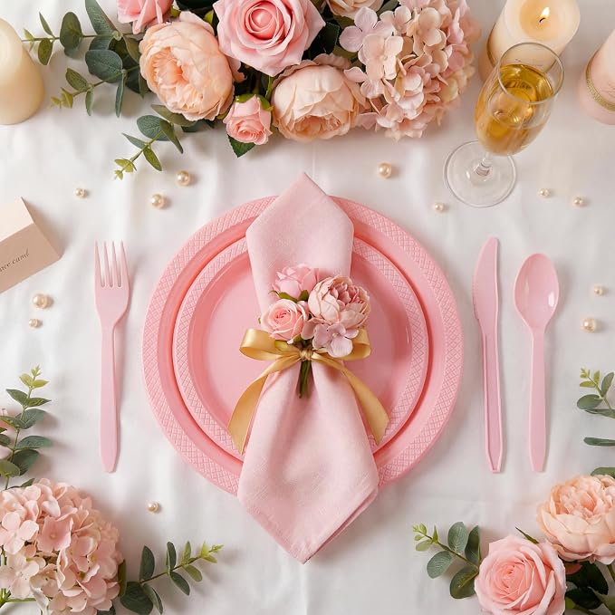 MirthMood 350pcs Pink Plates Disposable Including Pink Plastic Plates, 12OZ Cups, Plastic Cutlery and Napkins Serve 50 Guests for Spring Wedding,Birthday Party Dinner,Daily Use