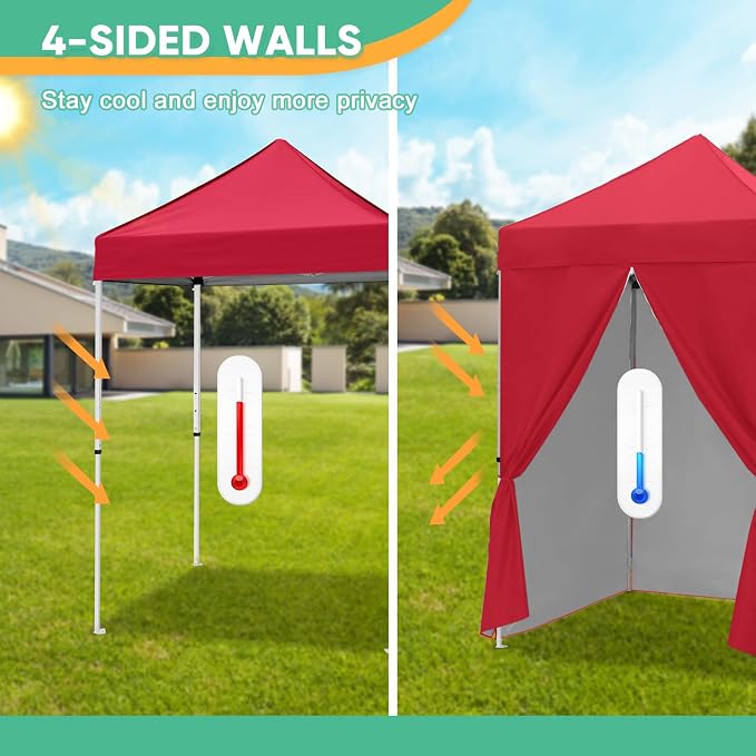 5x5 Pop Up Canopy Tent with Four Sidewalls, Instant Portable Beach Canopy, Outdoor Tent with Carry Bag for Camping, Sports, Tailgating, Events, Red