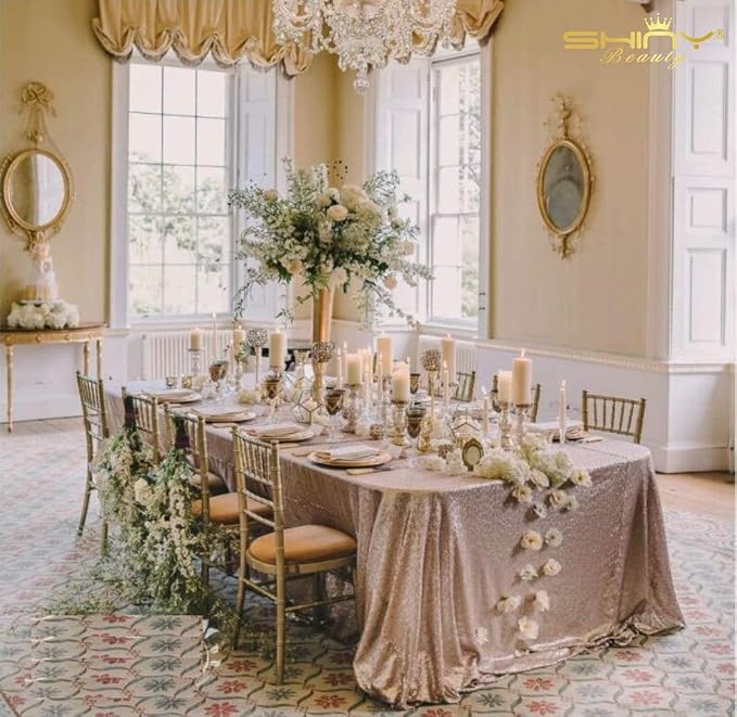 ShiDianYi 50"x72" Champagne Blush Sparkly Sequin Tablecloth for Wedding