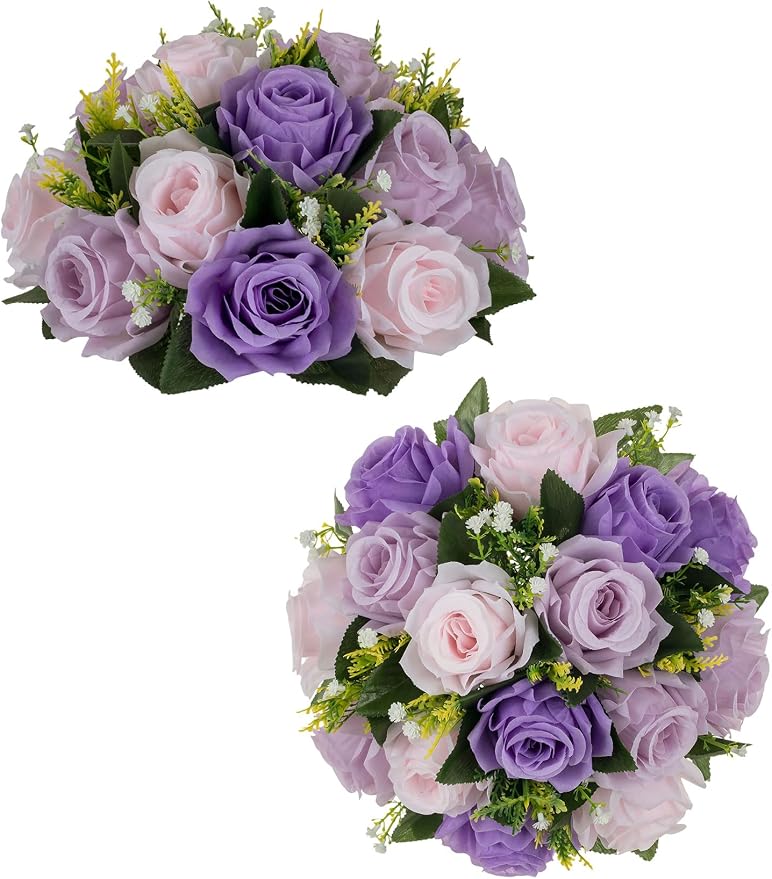 BLOSMON Purple Pink Fake Flowers: 2 Pcs Artificial Flower Balls Centerpiece | Faux Rose Floral Arrangement for Table Decorations - Faux Silk Bouquet with Base for Home Party Reception Decor