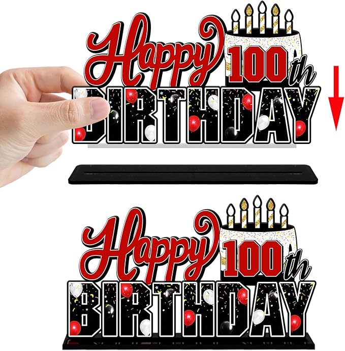 LINGTEER Happy 100th Birthday Red Acrylic Table Topper Centerpieces Set - Cheers to 100 Years Old Birthday 100th Bday Party Gift Decorations.