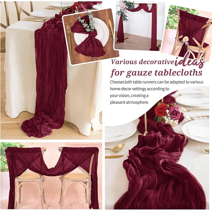 10 Pack Cheesecloth Table Runner Burgundy, Rustic Boho Gauze Fabric Table Runner Romantic Table Runner for Wedding, Festival, Birthday, Anniversary, Dinner and Outdoor Events (17.7 x 108 inch)