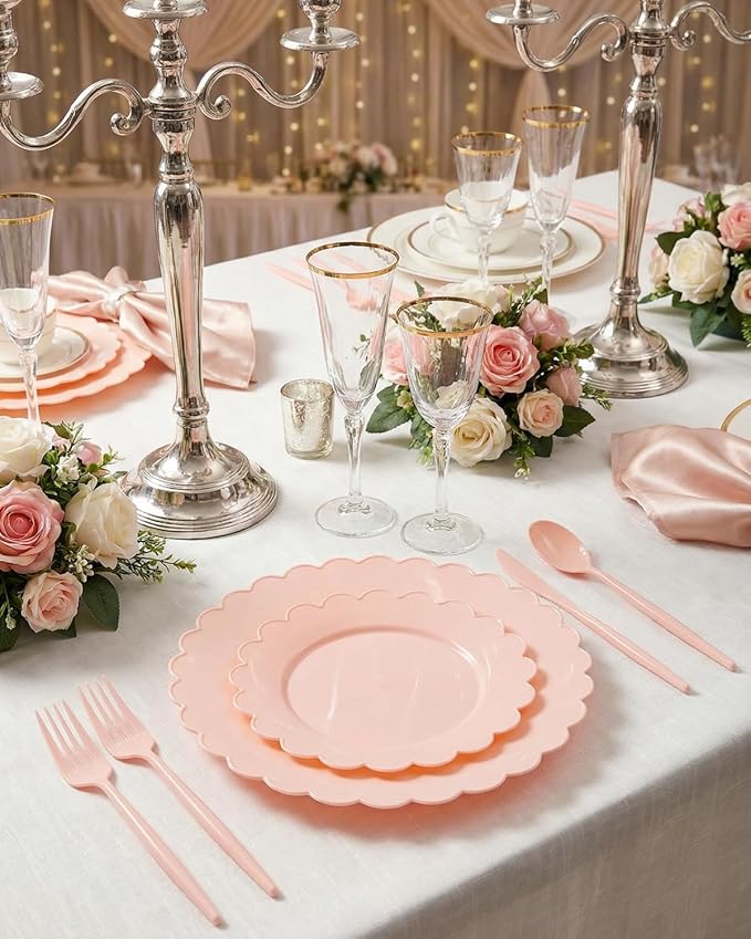 WONDERFUL 150 Pcs Pink Plastic Plates Disposable Plastic Dinnerware Set Pink Plate and Silverware Set Disposable Plates for Party Wedding & Bridal Shower Party Mothers Day Decor 30 Guests
