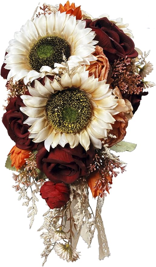 LEIFENY 9.8 Inch Vintage Sunflower Wedding Bouquets for Bride, Artificial Burgundy Cascading Bridal Flower, Burnt Orange Rustic Toss Rose for Civil Ceremony
