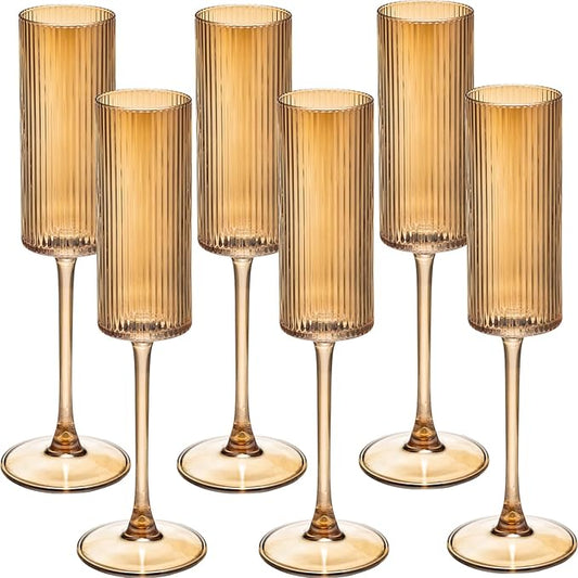 Champagne Flutes Set of 6,Vintage Ribbed Crystal Hand Blown 6 OZ Goblet Champagne Glasses Long Stem,Elegant Sparkling Wine Stemware Drinking Cocktail Unique Gift for Birthday, Wedding, Anniversary