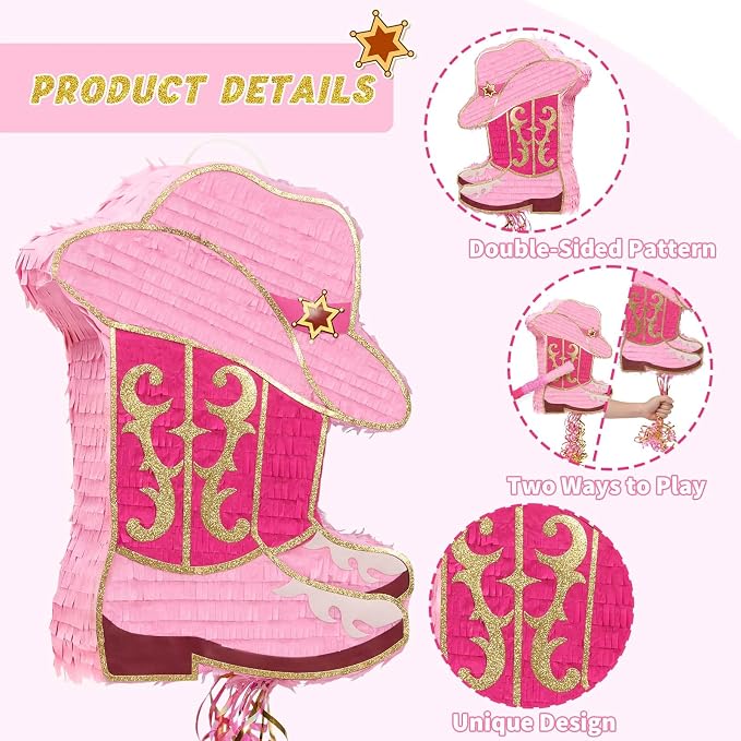 WERNNSAI Cowgirl Boot Piñata - Western Hat Piñata with Blindfold and Bat Cowgirl Party Decorations Girls Birthday Party Favors for Adults Kids Horse Racing Party Supplies