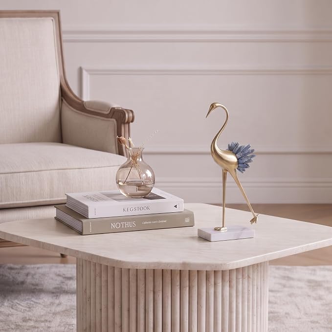 suruim Elegant Gold Crane Bird Statues with Crystal Tail Accents, Decorative Brass Figurines for Home Decor (Blue B)
