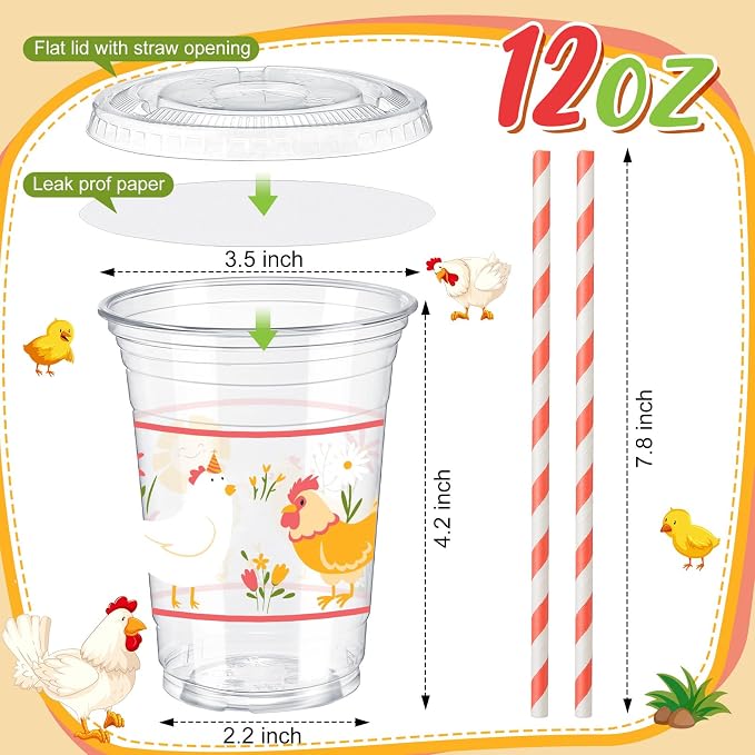FoldTier 50 Pcs 12 oz Chicken Party Cups Disposable Plastic Cup with Straw, Lid and Leakproof Paper Clear Farm Animal Flower Little Chick Birthday Party Baby Shower Cups Supplies Table Decorations