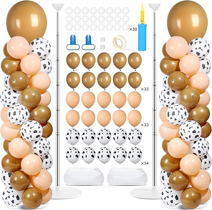 2 Sets Western Brown Cow Print Balloon Column Stand Kit with 102 Balloons Adjustable Balloon Tower Stand with Bases for Floor Cowboy Balloons Column Kit for Birthday Western Cowboy Party Decor