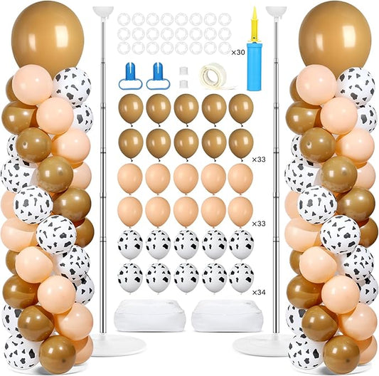 2 Sets Western Brown Cow Print Balloon Column Stand Kit with 102 Balloons Adjustable Balloon Tower Stand with Bases for Floor Cowboy Balloons Column Kit for Birthday Western Cowboy Party Decor