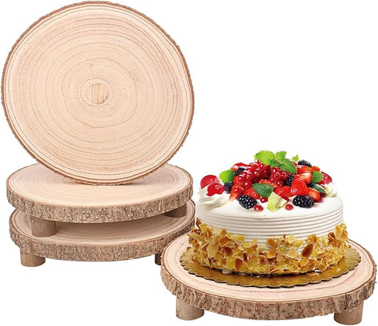 4 PCS Wooden Cake Stand, 10-11 Inch Rustic Wood Cake Stand, Wood Slice with Legs, Ideal for Weddings, Parties, Home Decorations and Special Events
