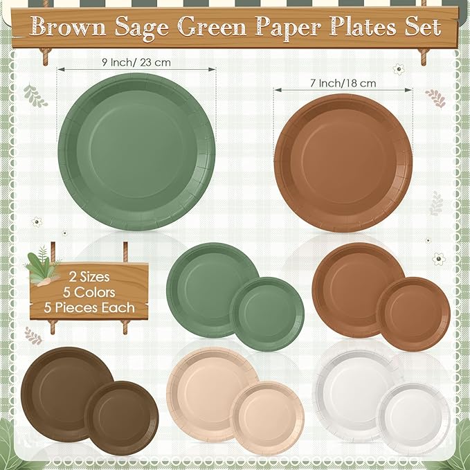 Mimorou 177 Pcs Woodland Plates and Napkins Set Serves 25 Guests Gradient Green and Brown Tablecloth Plates Cup and Napkins Tableware for Forest Animal Birthday Wedding Baby Shower Party Supplies