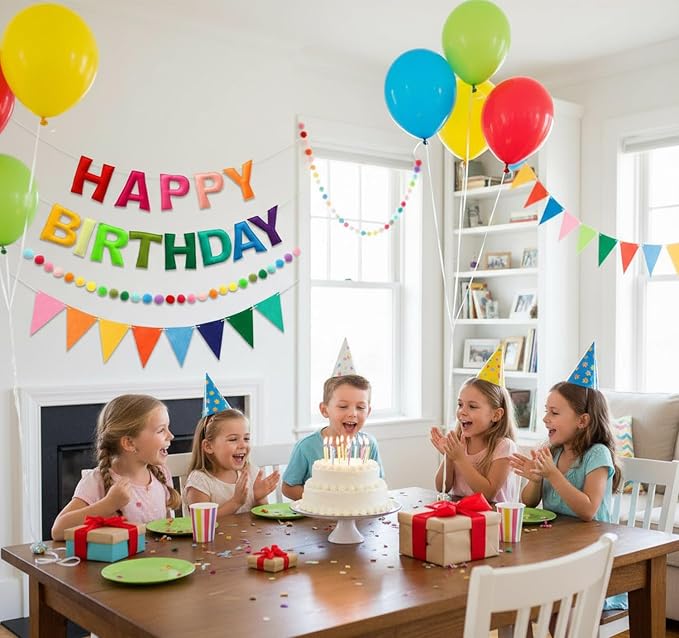 3D Happy Birthday Banner Set – Pre-Strung Reusable Rainbow Happy Birthday Decorations with Felt Ball Garland, Triangle Flag Bunting & Colorful Circle Hanging Banner for Wall Window Garden Party Supply