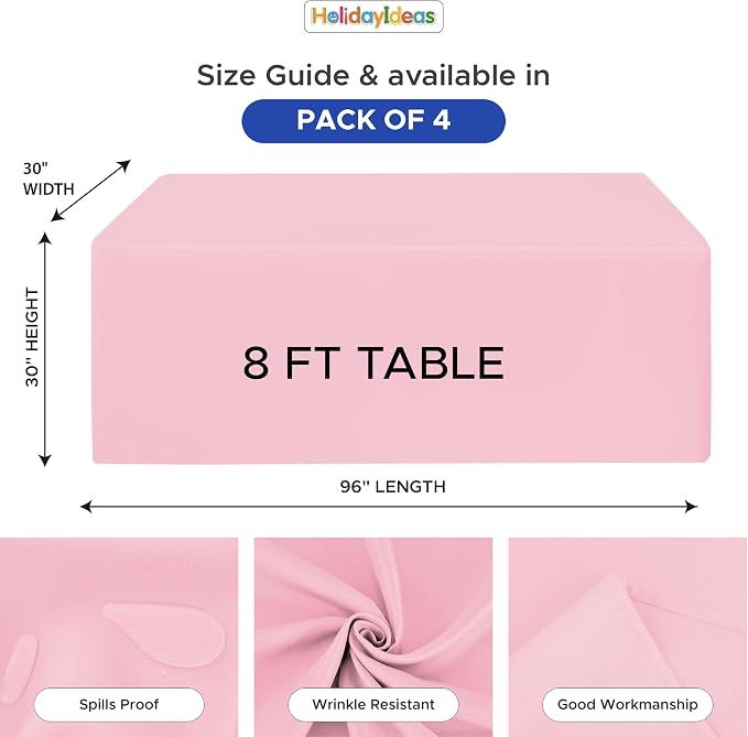 HolidayIdeas 4-Pack 8ft Pink Rectangle Craft Shows Fitted Tablecloth | Wrinkle resistant table covers; bulk quantity pack for professional trade exhibition displays or vendor booths