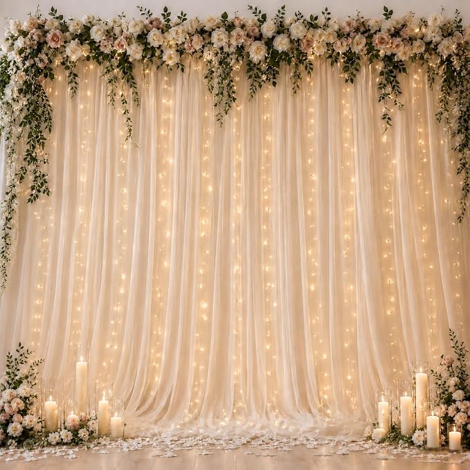 Ledido 4 Pack 10×8ft Champagne Tulle Backdrop Curtain with Lights String - 1200LED Fairy Light Sheer Curtain Backdrop for Wedding Baby Shower Photo Shoot Birthday Party Decor(8 Panels 5×8ft)，Champagne