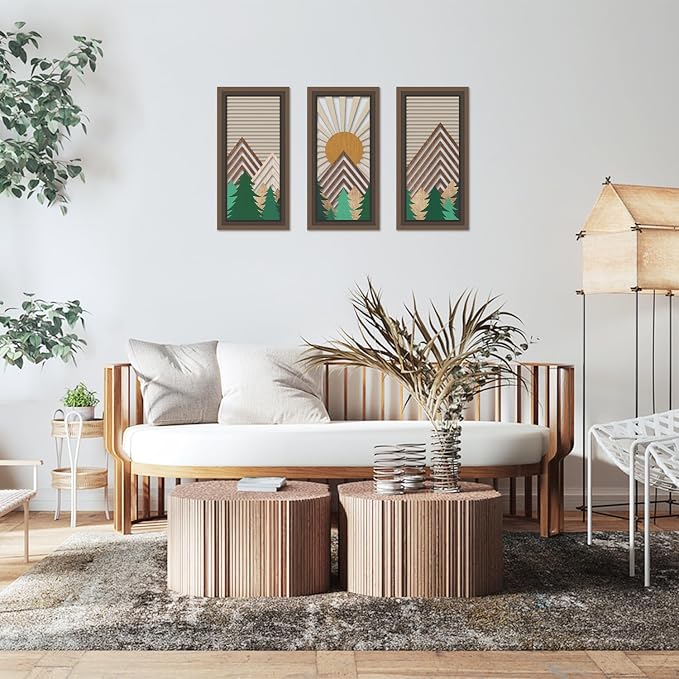 IARTTOP 3 Pcs Boho Mountain Wooden Wall Art Minimalist Geometric Artwork Pine Tree Sunrise Wood Wall Decor Bohemian Forest Hanging Decor for Living Room Bedroom Office 7.9 x15.8 Inch