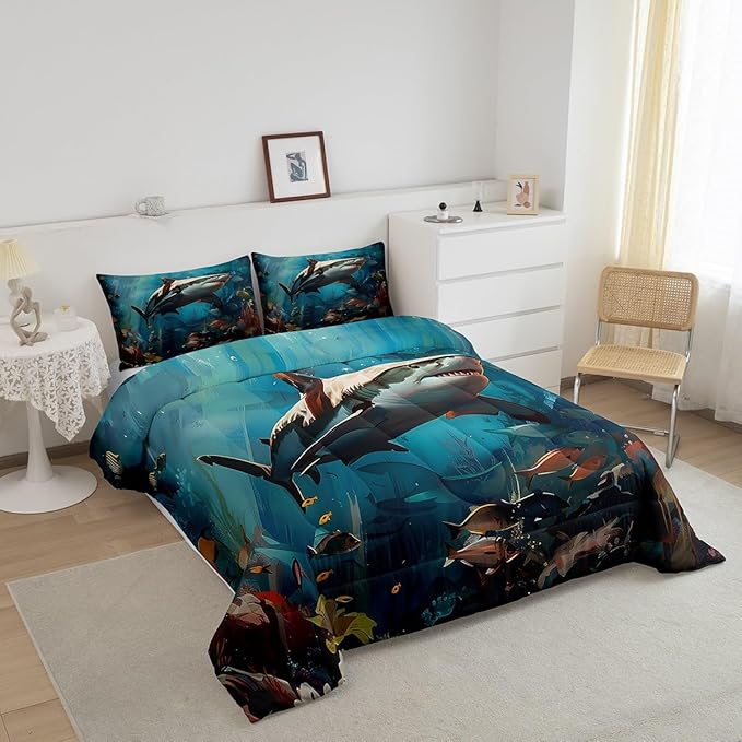 Feelyou Shark Comforter Set Queen Size Kids Marine Animals Comforter for Boys Girls Teens Cartoon Nautical Animals Bedding Set Underwater Animal Duvet Set Marine Life Sealife Quilt