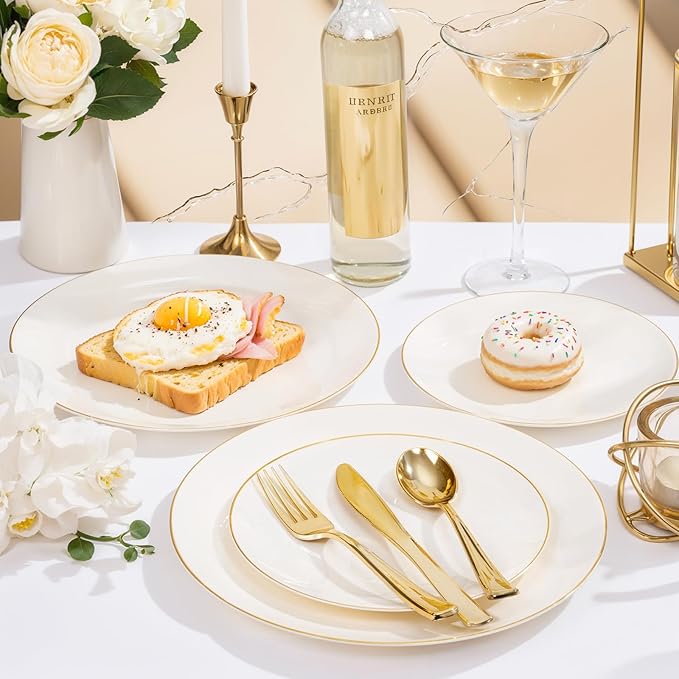 Nervure 100Pcs Ivory and Gold Plastic Plates - 7.5inch Disposable Ivory Dessert/Salad Plates - Heavy Duty Plastic Plate Ideal for Wedding & Party & Mothers Day