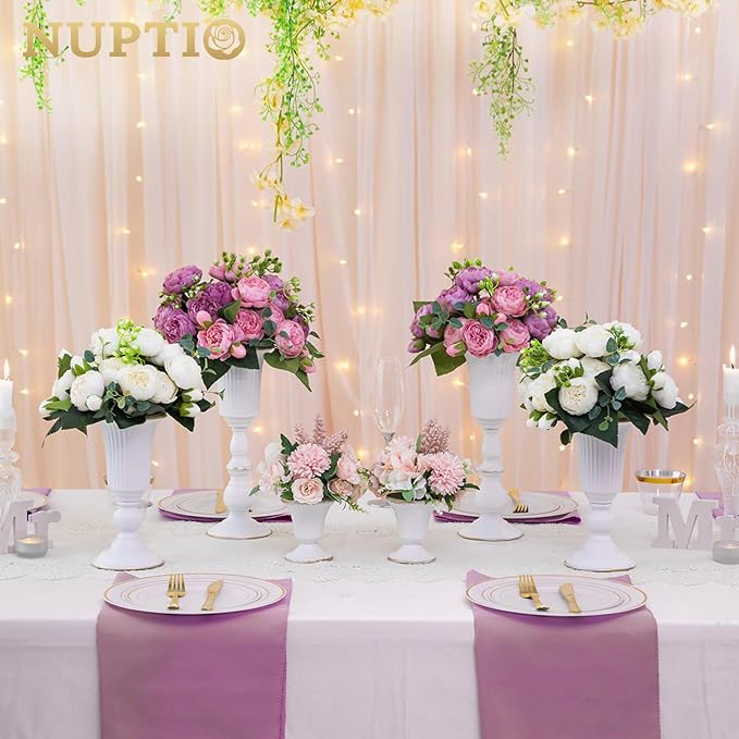 Nuptio 2 Pcs Metal Flower Vase White Table Decorative Centerpiece, Elegant Wedding Centerpieces Vase for Party Anniversary Ceremony Decoration, 31.9cm Tall Artificial Flower Arrangements