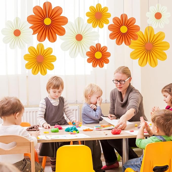 DODOKIM Paper Fans Party Decorations Paper Flowers Decorations for Wall Floral Backdrop Classroom Baby Shower Birthday Party Flower Wall Decor Pack of 9 Orange Yellow Ivory