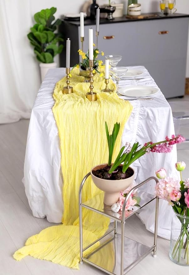 24 Pack Light Yellow Cheesecloth Table Runner 10FT Boho Gauze Cheese Cloth Table Runner Rustic Sheer Fabric Table Runners for Wedding Bridal Shower Baby Shower Party(21.5×120 Inch)