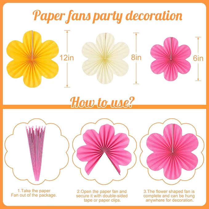 DODOKIM Paper Fans Party Decorations Paper Flowers Decorations for Wall Floral Backdrop Classroom Baby Shower Birthday Party Flower Wall Decor Pack of 18 Pink Orange Yellow
