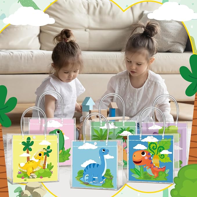 Teenyyou 24 Pcs Dinosaur Clear Gift Bags with Handles Cute Dinosaur Party Favor Candy Snack Treat Bags for Birthday Baby Shower Dino Theme Party Supplies