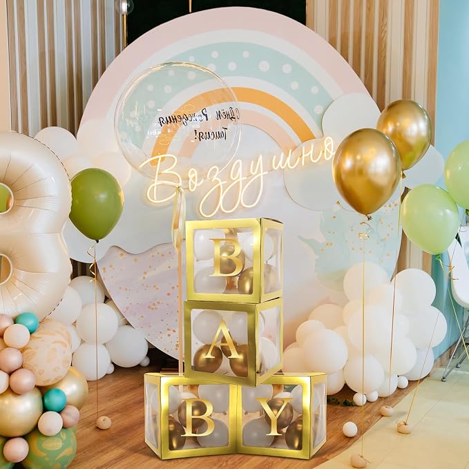 Thyle 12 Pcs Transparent Balloon Boxes Clear Balloon Boxes with 99 Letters for Baby Shower Gender Reveal Grad Birthday Party Bridal Wedding Anniversary Backdrop Decoration (Gold)