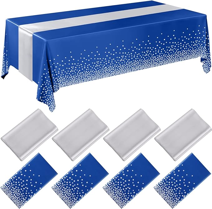 Breling 8 Pack Navy Blue and Silver Disposable Plastic Tablecloths and Satin Table Runner, 54 x 108 Inch Tablecloth, 12 x 108 Inch Table Runners for Wedding Graduation Birthday Baby Shower New Year