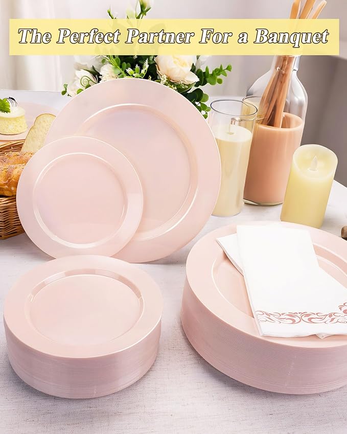 BESTSTAR 200PCS Pink Plastic Plates Set, 100 10.25 inch Dinner Plates and 100 7.5 inch Dessert Plates, Premium Disposable Plates for Party, Wedding