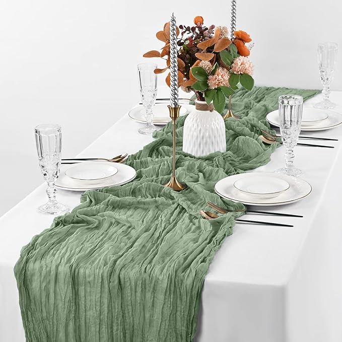12 Pack Sage Green Table Runner, 10FT Cheesecloth Table Runner Long Romantic Semi Sheer Rustic Boho Gauze Table Runners for Wedding Bridal Shower Birthday Party Decorations(21.5×120 Inch)
