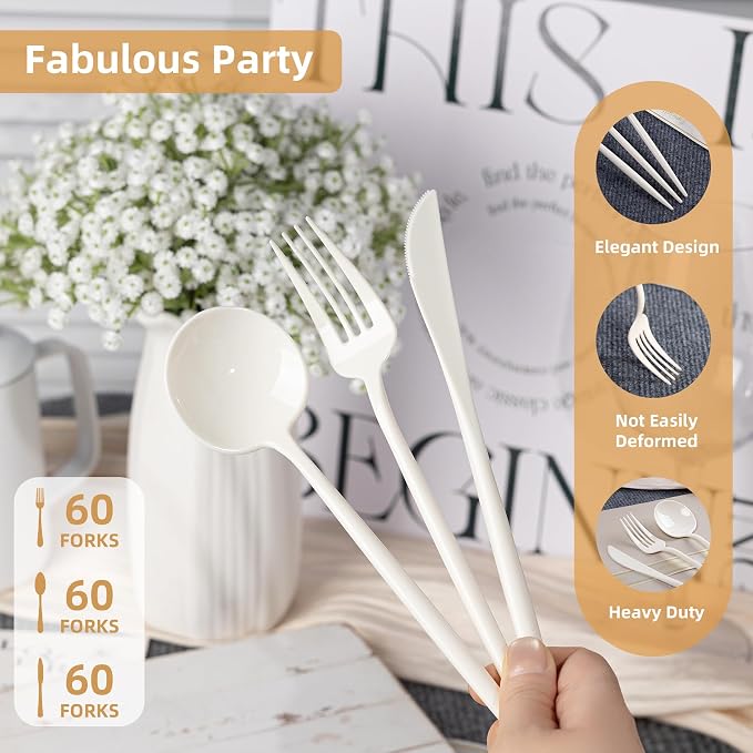 180PCS Ivory Plastic Silverware,Heavy Duty Disposable Utensils Include 60 Forks,60 Spoons and 60 Knives,Ivory Cutlery Plastic Silverware Sets for Party, Birthday,Wedding