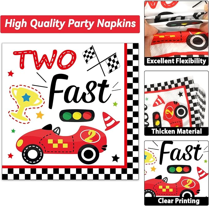 50 Guests Two Fast Birthday Plates and Napkins Party Supplies Racing Car Party Decorations Disposable Tableware Set Race Car Dinnerware Favors,200PCS