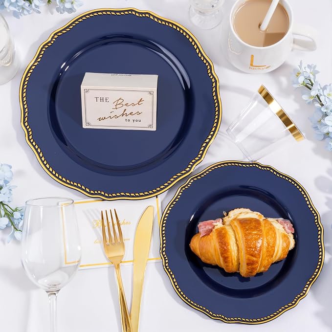Hioasis 350pcs Blue and gold Plastic Plates - Blue Plastic Dinnerware Set Includes 50 Dinner Plates, 50 Dessert Dinnerware, 50 Cups, 50 Rolled Napkin Cutlery Perfect for Wedding & 4th ofJuly