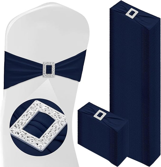 VitalCozy 100 Pcs Spandex Chair Sashes with Square Buckle Slider Stretch Chair Cover Band Universal Elastic Ties Straps Bows for Wedding Banquet Event Party Decoration(Navy Blue)