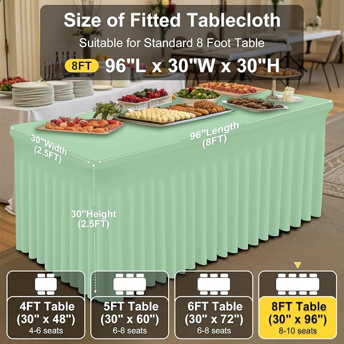 Smiry Spandex Tablecloth, Elastic Fitted Stretch Tablecloth for 8FT Rectangle Tables, Waterproof Washable Table Cover Skirt for Outdoor, Wedding, Banquet & Parties (Light Green, 96Lx30Wx30H Inch)