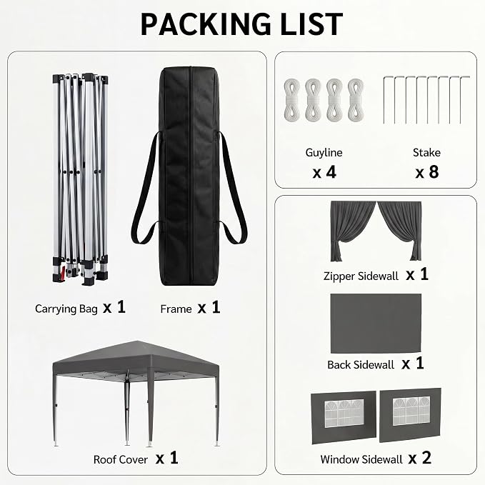 KIGOTY 10x10 FT Portable Pop Up Canopy Tent, Adjustable Height Instant Gazebo with Sidewalls, One-Push Setup Outdoor Canopy for Camping, Parties, Vendor Events (Grey with Reflective Strip, 3m × 3m)