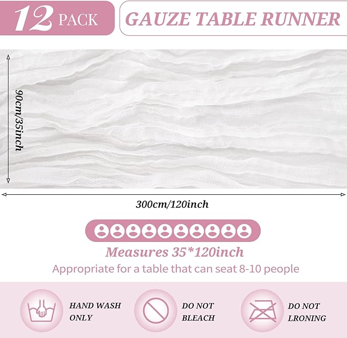 12 Pack Cheesecloth Table Runner 35 x 120 inch Long Boho Cheese Cloth Gauze Table Runners Semi Sheer Table Runner for Wedding Decor, Bridal Shower, Birthday Party (White)