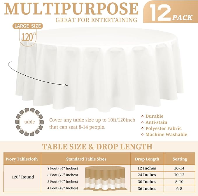 Showgeous 12 Pack Ivory Round Tablecloth - 120 Inch Polyester Table Cloth - Washable Decorative Fabric Table Covers for Wedding Party Banquet