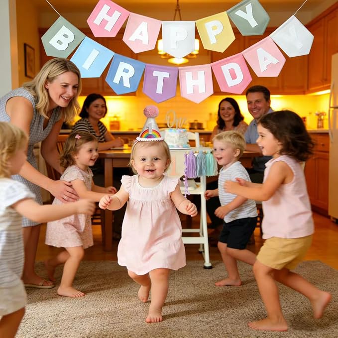 Pastel Rainbow 1st Birthday High Chair Decorations- Boho Macaron Felt Happy Birthday Banner First Birthday Highchair Banner With One Cake Topper & Party Hat, 1st Birthday Party Decorations