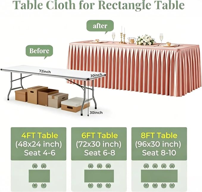 6 Packs Dusty Rose Satin Tablecloths Rectangle 8FT, Glitter Spandex Fitted Stretch Table Covers Wrinkle-Free Floor Length Shimmer Table Skirt for Weddings Parties Baby Shower Banquets Vendor Events