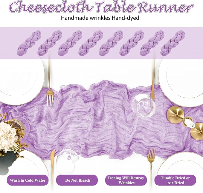 24 Pack Lilac Cheesecloth Table Runner 17"x108" Boho Gauze Fabric Table Runner Vintage Rustic Sheer Runners for Wedding Party Bridal Baby Shower Table Decorations